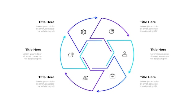 Diseño de infografía de línea con un diagrama segmentado circular con 6 pasos