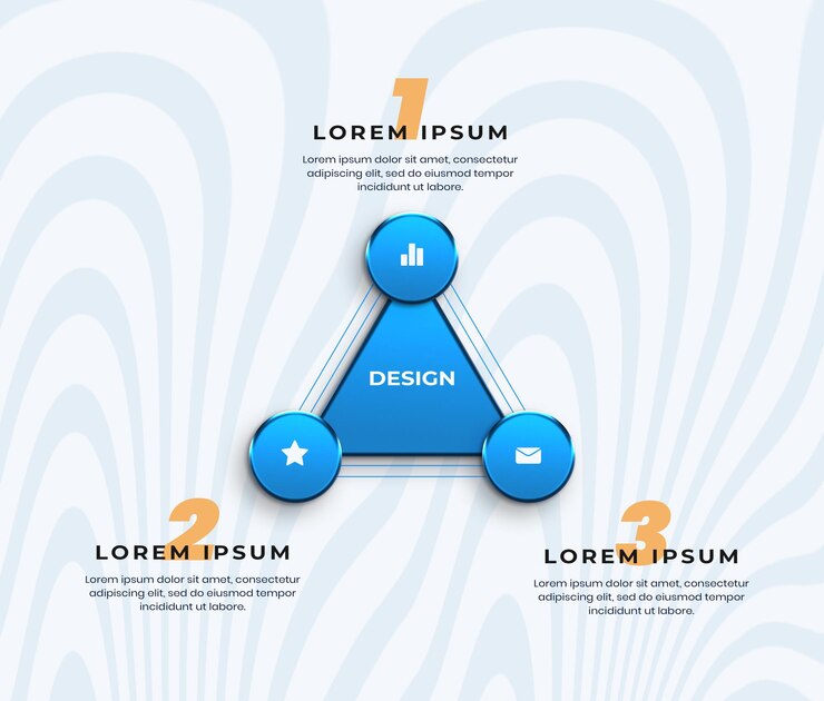 PSD diseño infográfico en tres pasos con un triángulo azul
