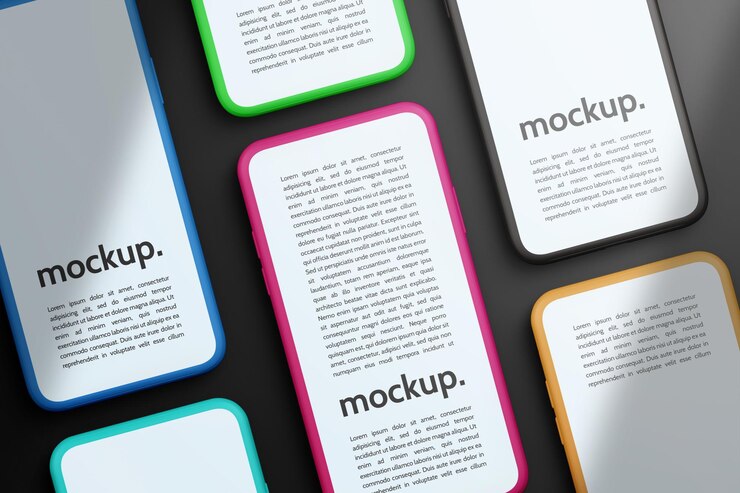 PSD diseño de interfaz de aplicación web de maqueta de pantalla múltiple de dispositivo de teléfono de color editable de arcilla ui ux showcase flatlay