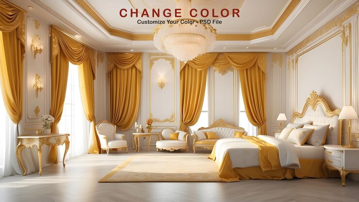 PSD diseño interior de dormitorio de lujo real diseño de interior de color dorado y blanco dormitorios de lujo en casa