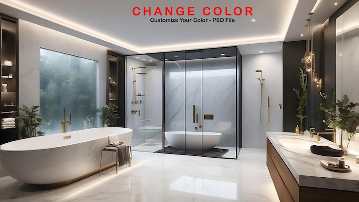 PSD diseño interior minimalista de baño de lujo con bañera moderna y decoración del hogar elegante washroo