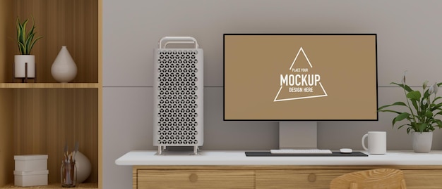 Diseño de interiores de espacio de trabajo acogedor con dispositivo informático y decoraciones, renderizado 3D, ilustración 3D