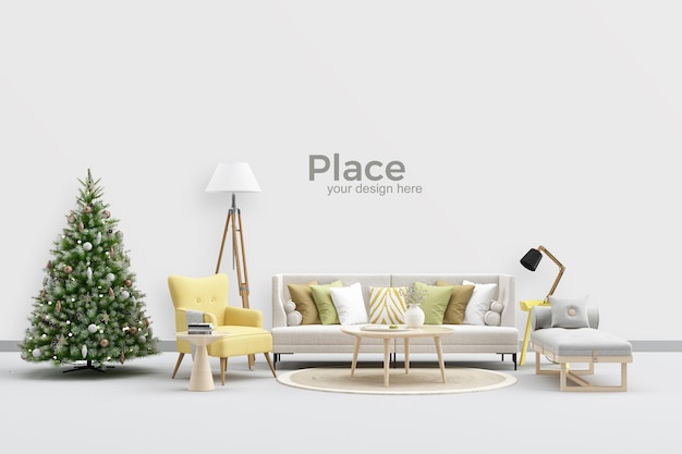 Diseño de interiores de sala de estar con árbol de navidad.