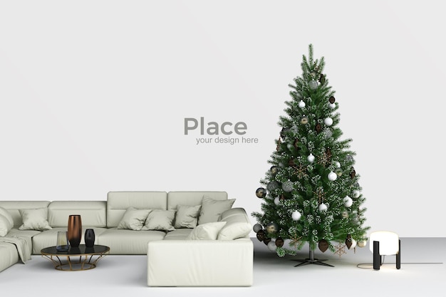 PSD diseño de interiores de sala de estar con árbol de navidad.