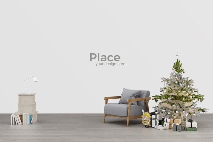 PSD diseño de interiores de sala de estar con árbol de navidad.