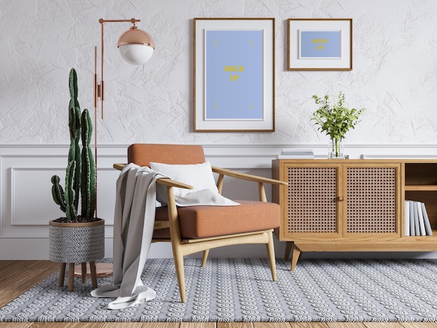 Diseño de interiores de sala de estar moderna con maqueta de marco