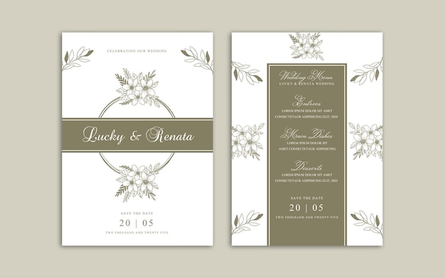 diseño de invitación de boda simple y moderno con flores de color verde floral