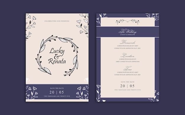 diseño de invitación de boda simple moderno retrato a5 color púrpura 1