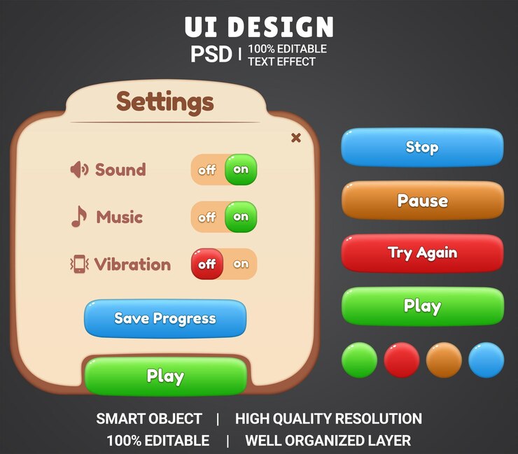Diseño de kit de juego casual moderno Kit de juego UI PSD Interfaz de botón de juego pop-up UI ventana PSD UI