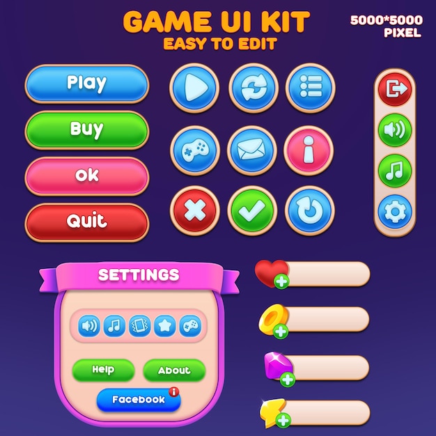 Diseño de kit de juego casual moderno Kit de juego UI PSD Interfaz de botón de juego pop-up UI ventana PSD UI
