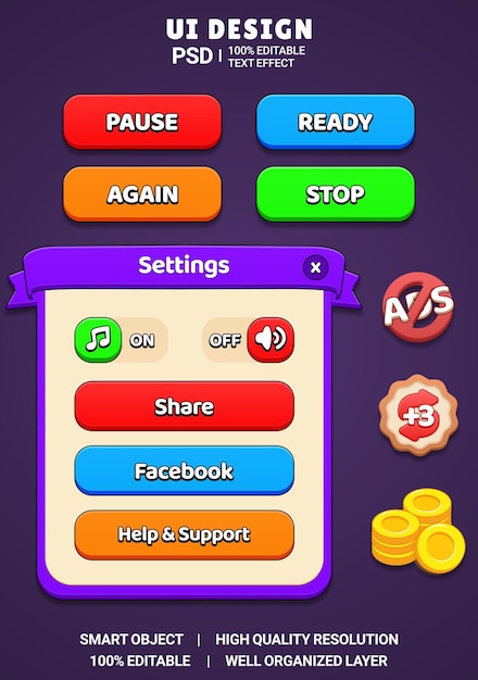 Diseño de kit de juego casual moderno Kit de juego UI PSD Interfaz de botón UI de juego pop-up