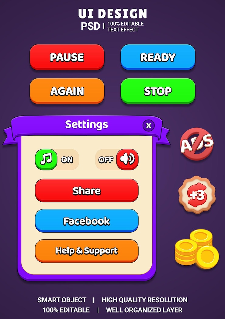 PSD diseño de kit de juego casual moderno kit de juego ui psd interfaz de botón ui de juego pop-up