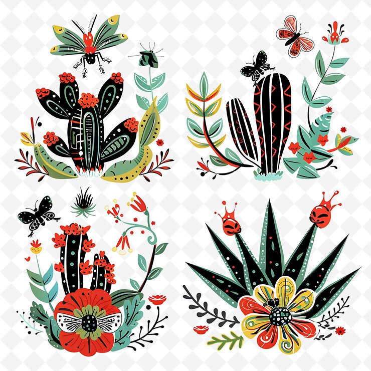 PSD diseño de líneas fronterizas suculentas lúdicas con motivos de insectos y diseños artísticos abstractos creativos