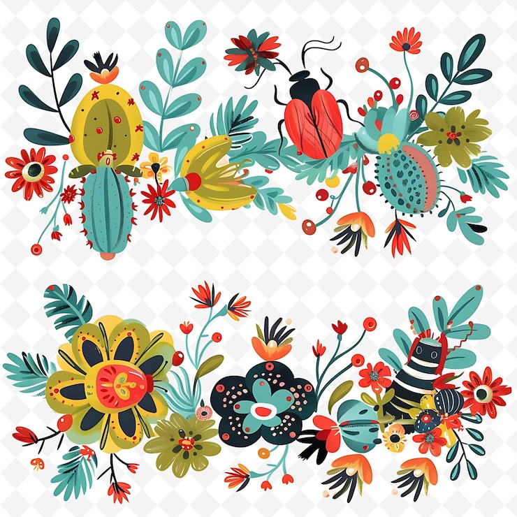PSD diseño de líneas fronterizas suculentas lúdicas con motivos de insectos y diseños artísticos abstractos creativos