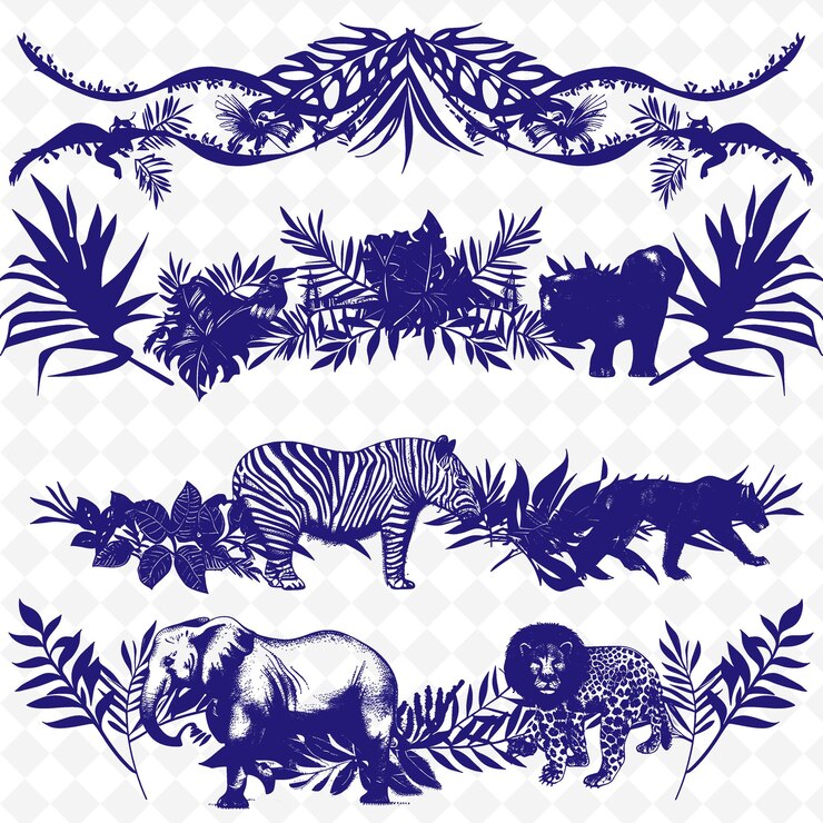 PSD diseño de líneas de la selva con decoraciones de hojas y animales i png diseños únicos de motivos estilizados