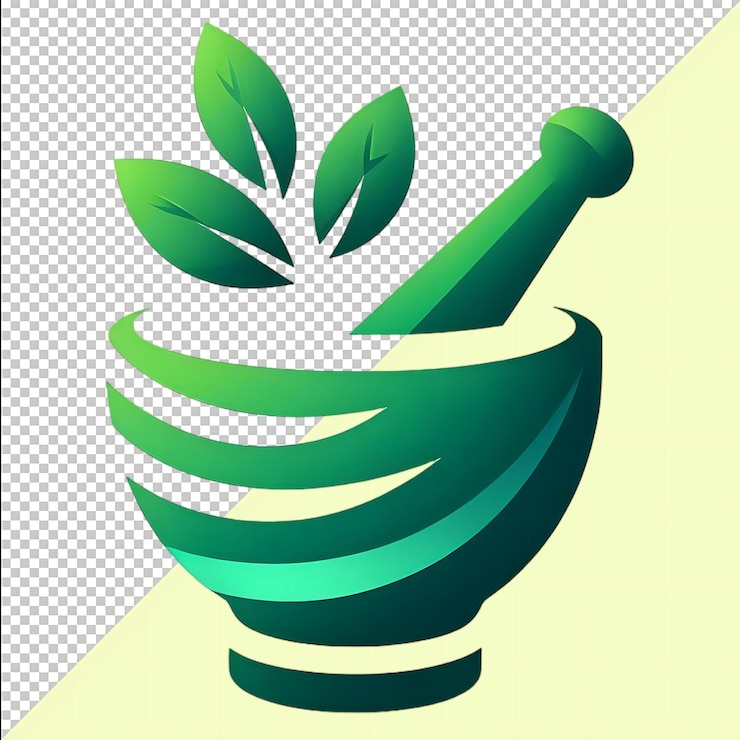 PSD diseño del logotipo verde de la farmacia médica mórter y pestillo medicina ayurvédica en un fondo transparente