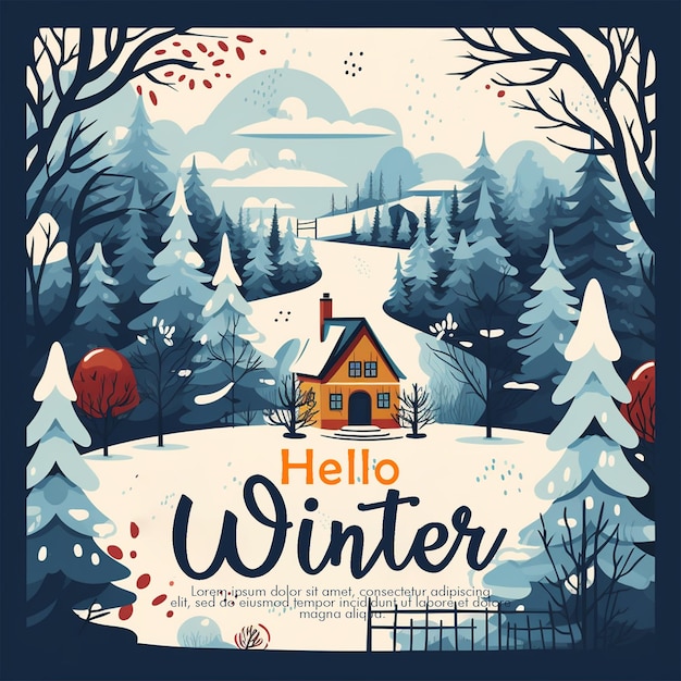 Diseño a mano del concepto de hello winter con fondo de invierno y ilustración de plantilla de banner de invierno