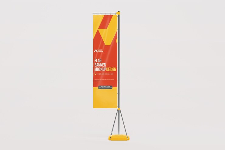 Diseño de maqueta de bandera vertical renderizada en 3D para publicidad y marca