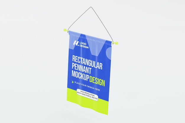Diseño de maqueta de banderín rectangular renderizado en 3D con pantalla colgante