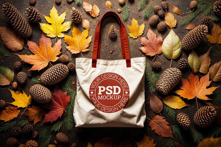 Diseño de maqueta de bolsa de tote de lienzo con tema de otoño