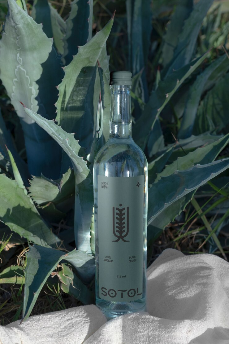 PSD diseño de maqueta de botella de bebida mexicana de agave sotol.