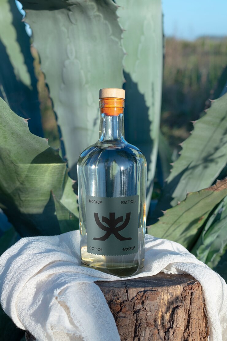 PSD diseño de maqueta de botella de bebida mexicana de agave sotol.