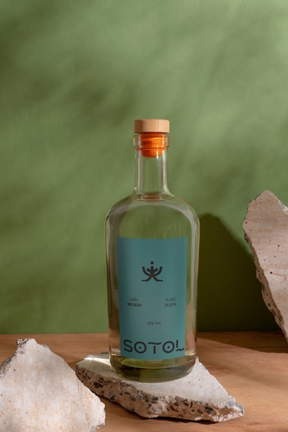 PSD diseño de maqueta de botella de bebida mexicana de agave sotol.