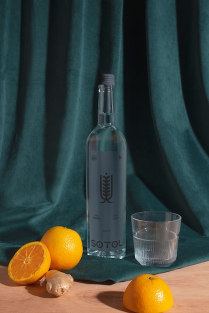 PSD diseño de maqueta de botella de bebida mexicana de agave sotol.