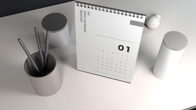 Diseño de maqueta de calendario de escritorio vertical realista de vista de alto ángulo