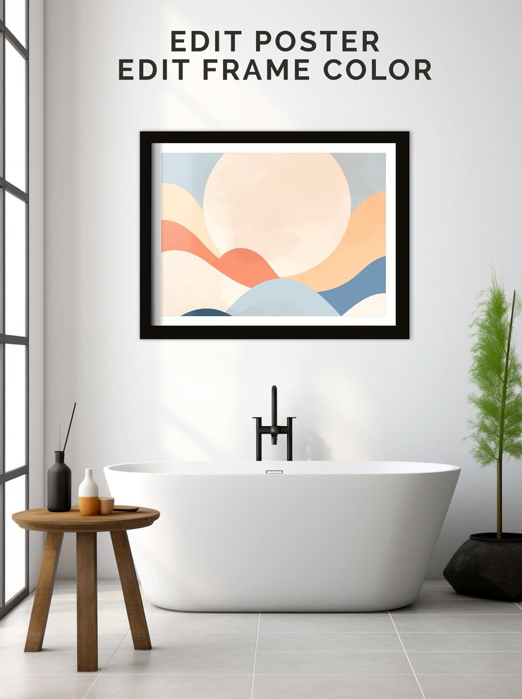 Diseño de maqueta de cartel de marco de paisaje PSD en interior minimalista