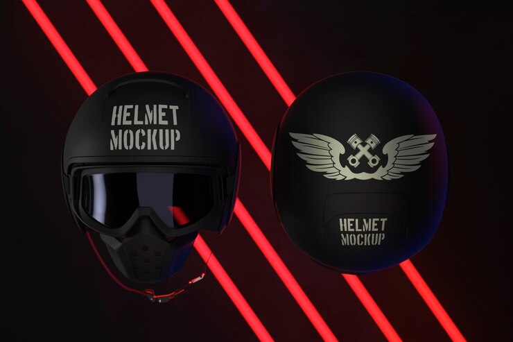 PSD diseño de maqueta de casco de moto con luces de neón.