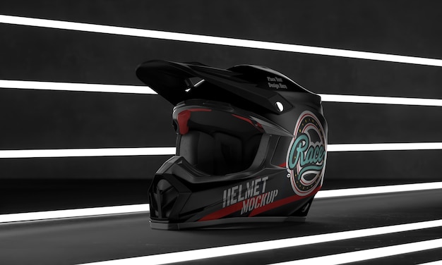 PSD diseño de maqueta de casco de moto con luces de neón.