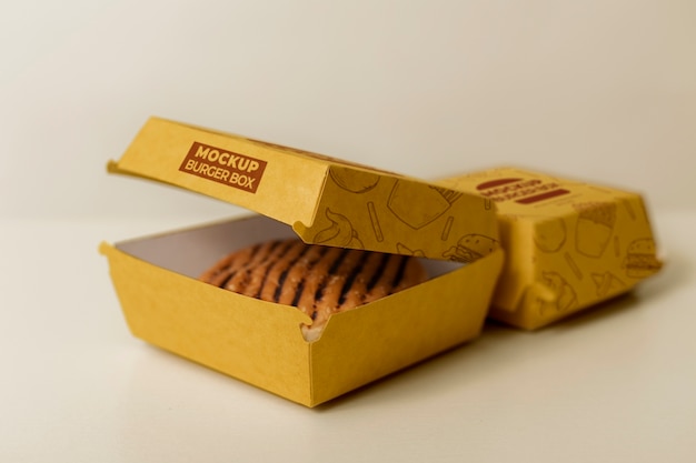 PSD diseño de maqueta de empaque de caja de hamburguesa de cartón