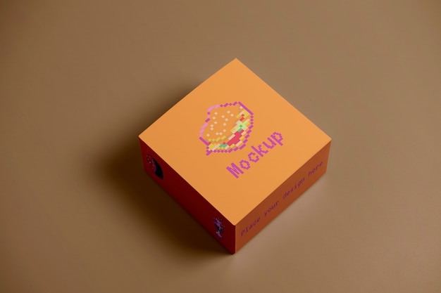 Diseño de maqueta de empaque de caja pixelada de 8 bits