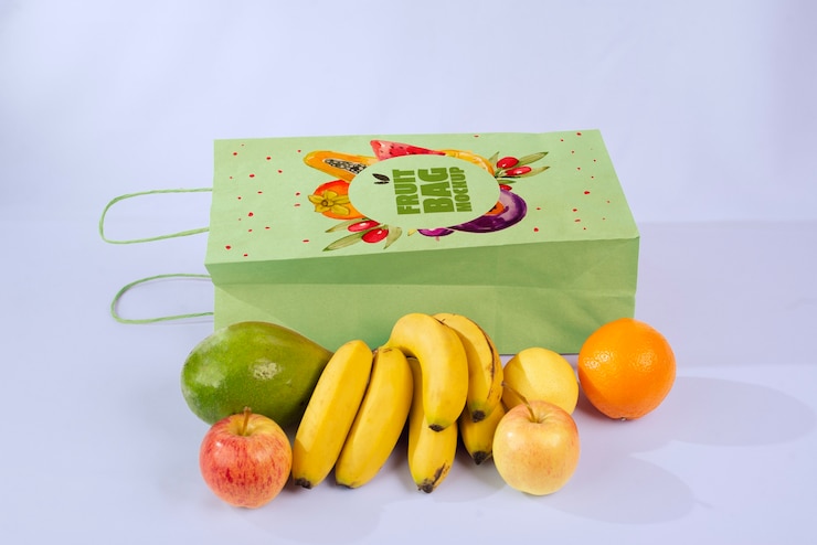 PSD diseño de maqueta de empaque de frutas.