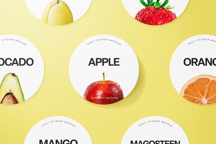 PSD diseño de maqueta de etiqueta de pegatinas de frutas psd