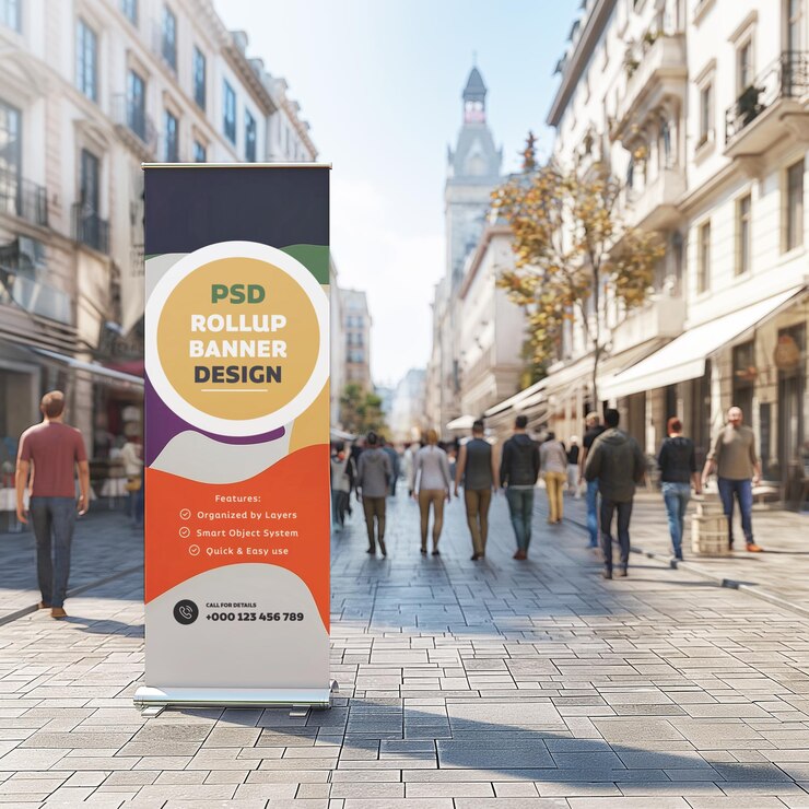 Diseño de la maqueta de exhibición del soporte de banner enrollable de PSD
