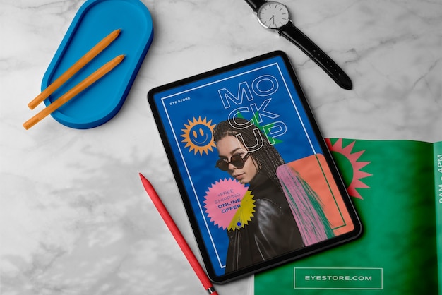 PSD diseño de maqueta de ipad y revista.