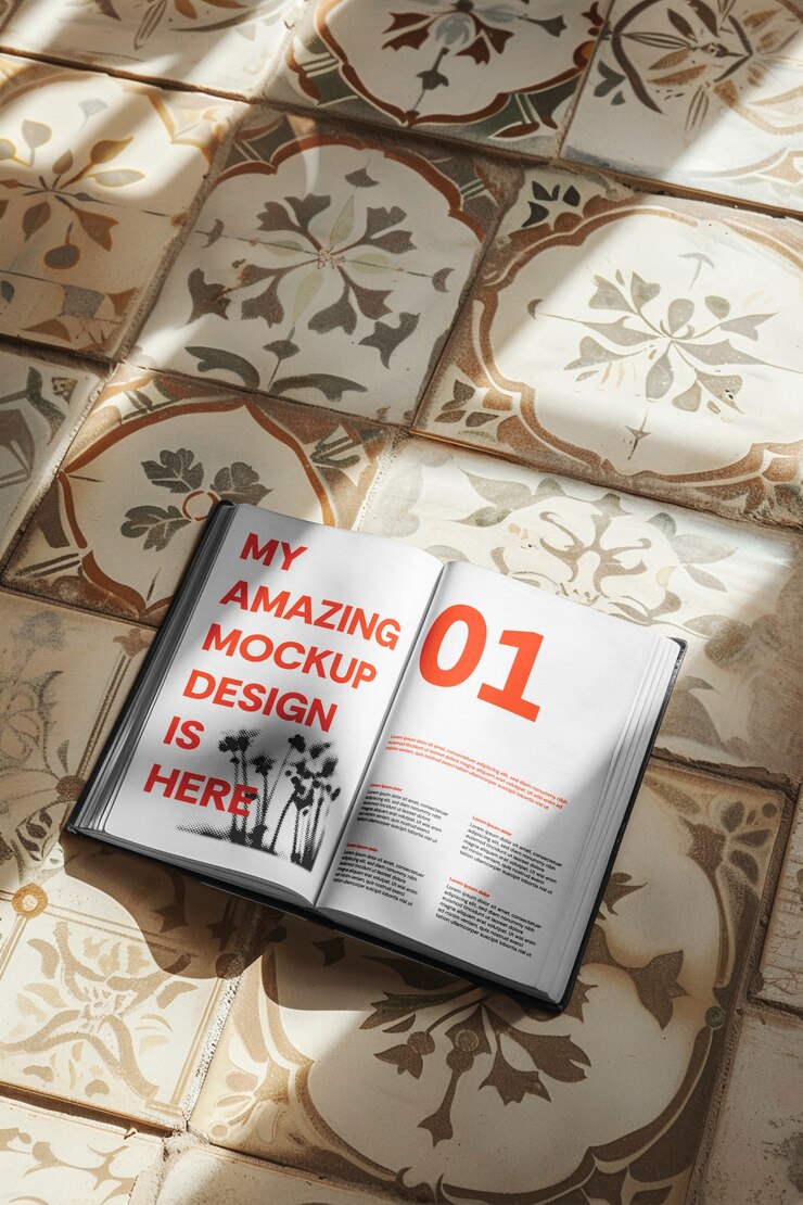 PSD diseño de maqueta de libro en el suelo con sombras