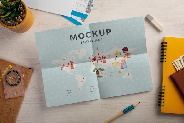 Diseño de maqueta de mapa de viaje e itinerario.