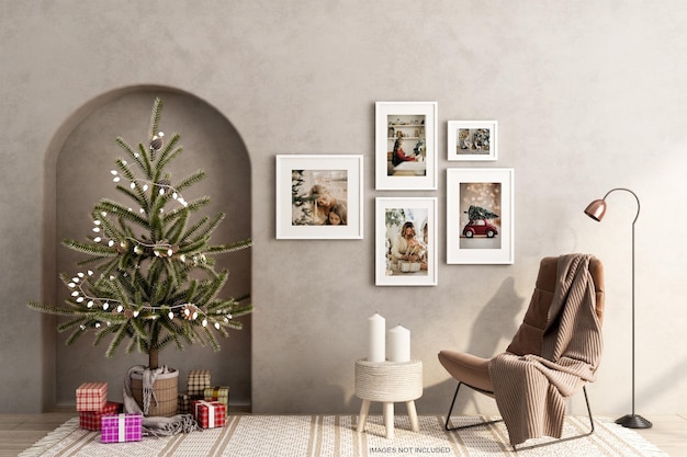 Diseño de maqueta de marcos en la pared con árbol de Navidad en representación 3d