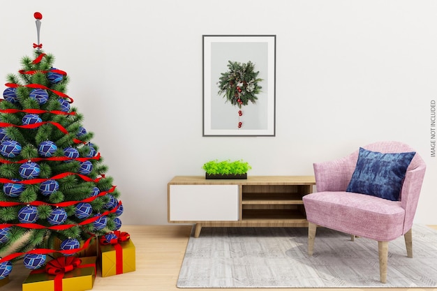 Diseño de maqueta de marcos en la pared con árbol de navidad en representación 3d