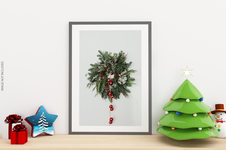 PSD diseño de maqueta de marcos en la pared con árbol de navidad en representación 3d