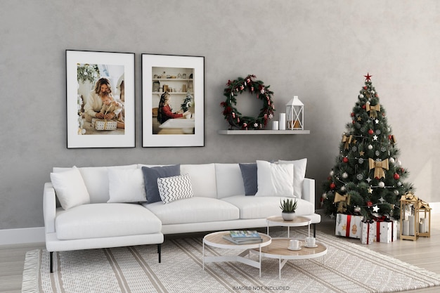 Diseño de maqueta de marcos en la pared con árbol de navidad y sofá en representación 3d