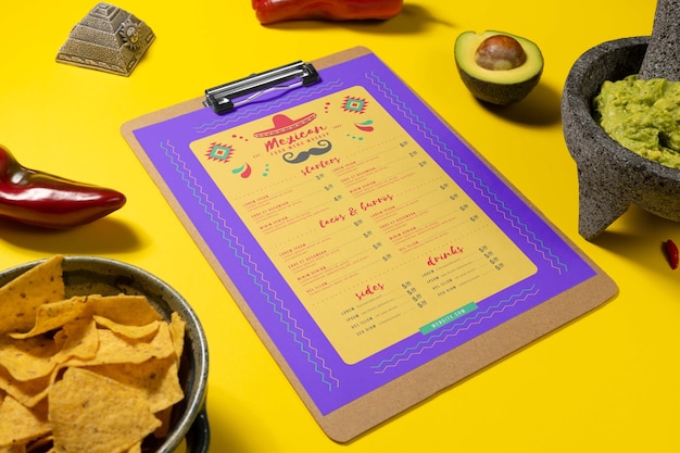 PSD diseño de maqueta de menú de restaurante de comida mexicana.