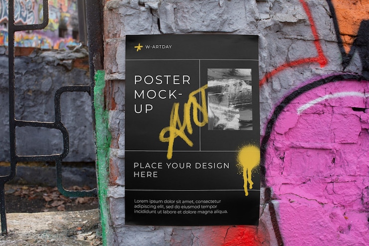 PSD diseño de maqueta de póster grunge en superficie rugosa al aire libre con pintura en aerosol