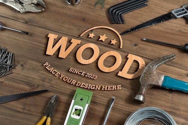 PSD diseño de maqueta de talla de madera con herramientas.