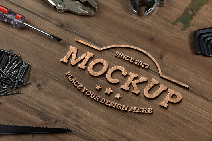 PSD diseño de maqueta de talla de madera con herramientas.