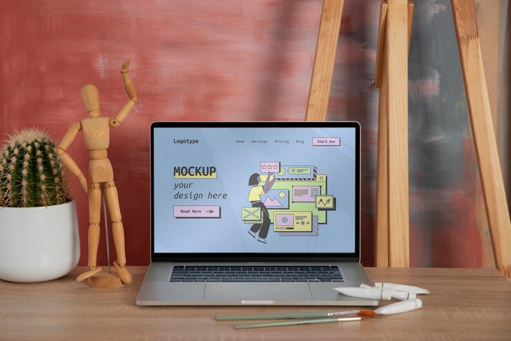 PSD diseño de maqueta de taller con dispositivo portátil.