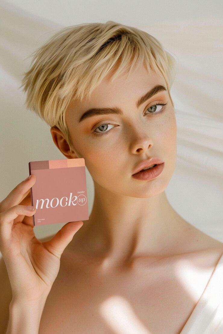 PSD diseño de maquetas de productos cosméticos con modelo femenino